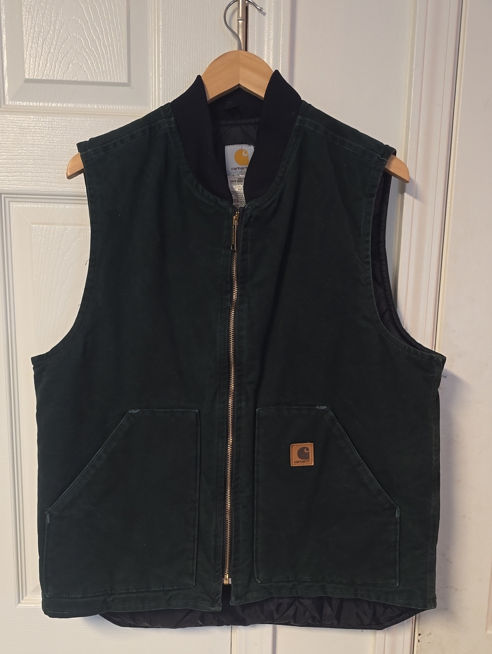 Carhartt Dark Green Canvas Work Vest with Black Collar